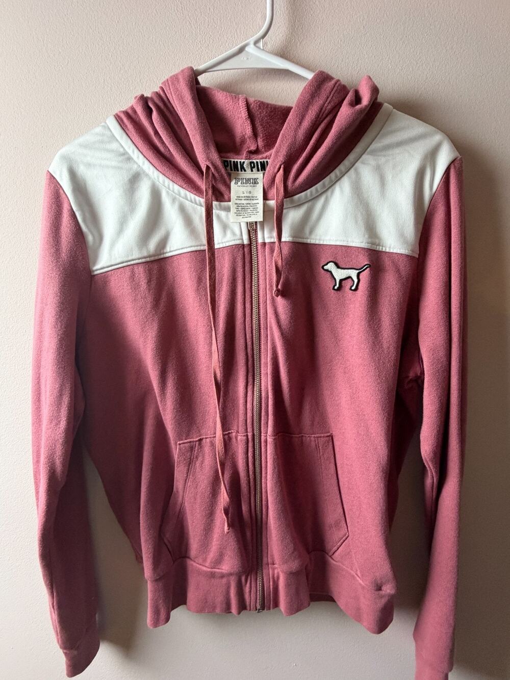Victoria’s Secret PINK Hoodie Large Pink White Full Zip Floral Love Pink Dog Log